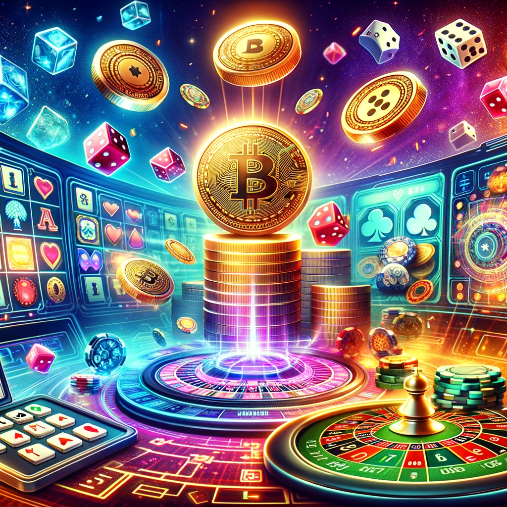 Футуристическая сцена криптогемблинга с цифровыми монетами, символами азартных игр, такими как карты, кости, рулетка, в яркой, технологически продвинутой обстановке.